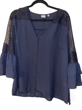 SOHO New York and Co Navy Lace-Sleeve V-Neck Button Front Blouse